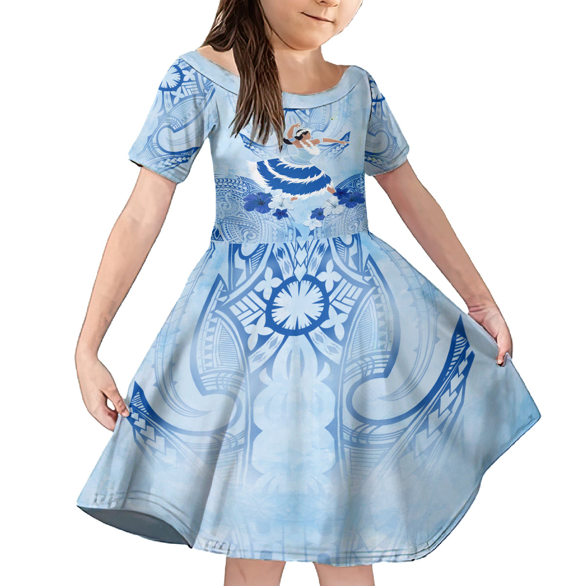 Cook Islands Women's Day Family Matching Off Shoulder Long Sleeve Dress and Hawaiian Shirt With Polynesian Pattern LT05 Daughter's Dress Blue - Polynesian Pride