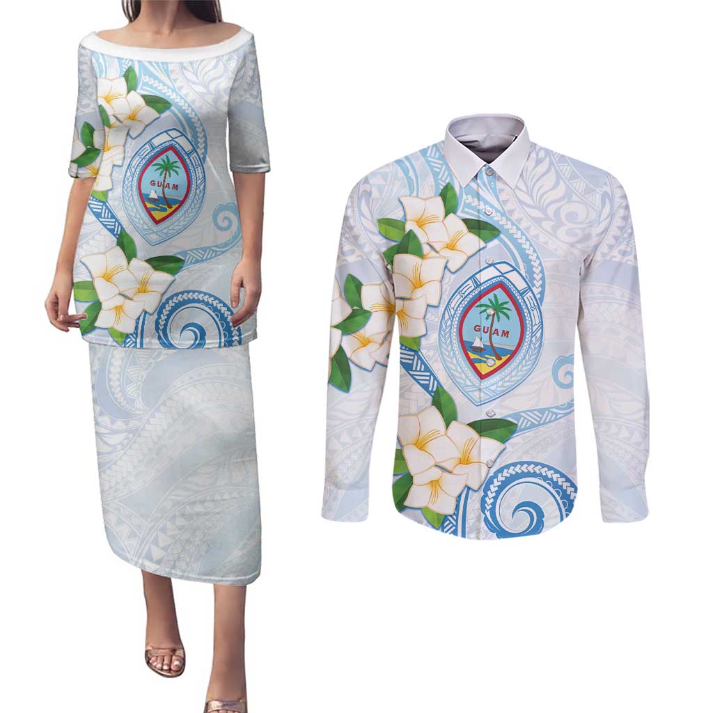 Guam Chamorro Couples Matching Puletasi and Long Sleeve Button Shirt Guasali Flowers Curves Style