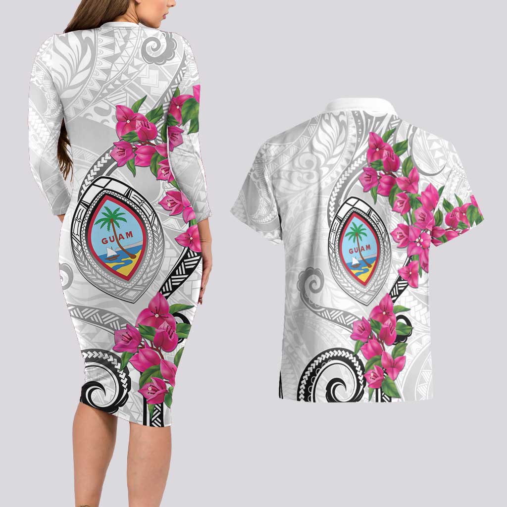 Guam Chamorro Couples Matching Long Sleeve Bodycon Dress and Hawaiian Shirt Curves Polynesian Tattoo Mix Bougainvillea