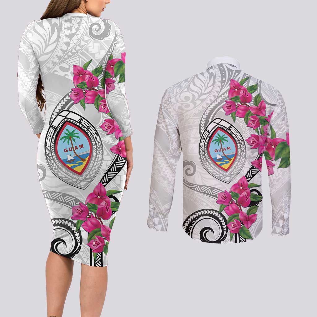 Guam Chamorro Couples Matching Long Sleeve Bodycon Dress and Long Sleeve Button Shirt Curves Polynesian Tattoo Mix Bougainvillea