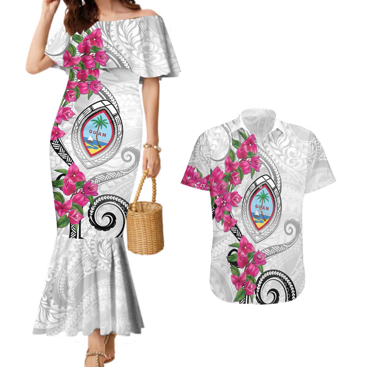 Guam Chamorro Couples Matching Mermaid Dress and Hawaiian Shirt Curves Polynesian Tattoo Mix Bougainvillea