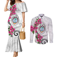 Guam Chamorro Couples Matching Mermaid Dress and Long Sleeve Button Shirt Curves Polynesian Tattoo Mix Bougainvillea