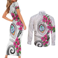 Guam Chamorro Couples Matching Short Sleeve Bodycon Dress and Long Sleeve Button Shirt Curves Polynesian Tattoo Mix Bougainvillea