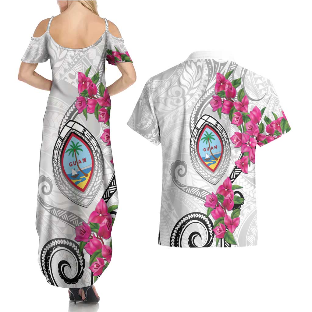 Guam Chamorro Couples Matching Summer Maxi Dress and Hawaiian Shirt Curves Polynesian Tattoo Mix Bougainvillea