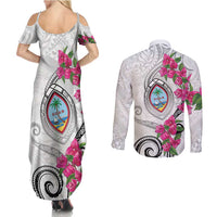Guam Chamorro Couples Matching Summer Maxi Dress and Long Sleeve Button Shirt Curves Polynesian Tattoo Mix Bougainvillea