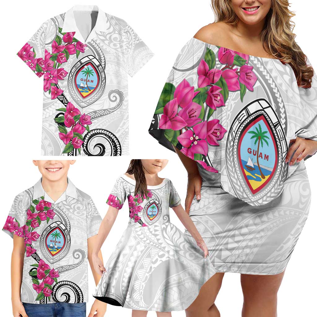 Guam Chamorro Family Matching Off Shoulder Short Dress and Hawaiian Shirt Curves Polynesian Tattoo Mix Bougainvillea LT05 - Polynesian Pride