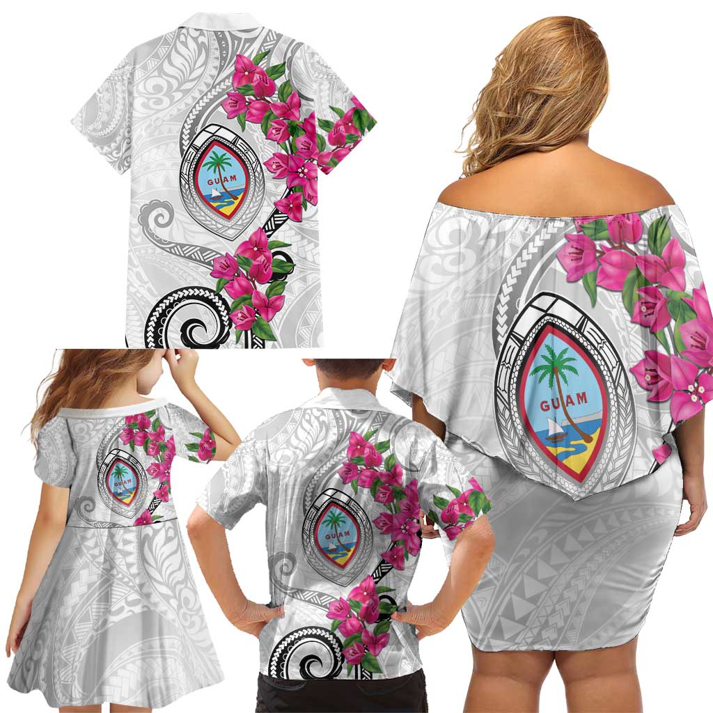 Guam Chamorro Family Matching Off Shoulder Short Dress and Hawaiian Shirt Curves Polynesian Tattoo Mix Bougainvillea LT05 - Polynesian Pride