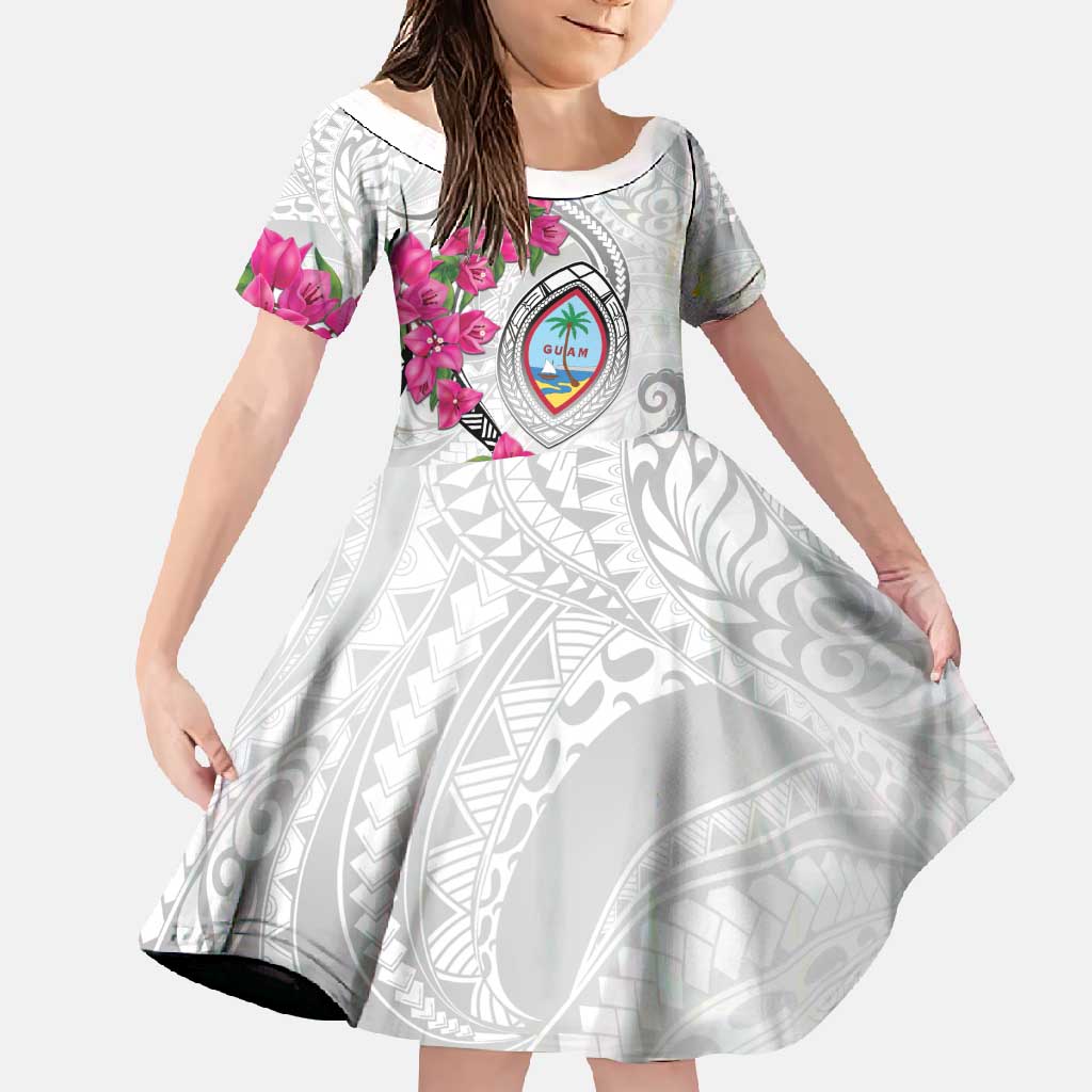 Guam Chamorro Family Matching Short Sleeve Bodycon Dress and Hawaiian Shirt Curves Polynesian Tattoo Mix Bougainvillea LT05 Daughter's Dress White - Polynesian Pride