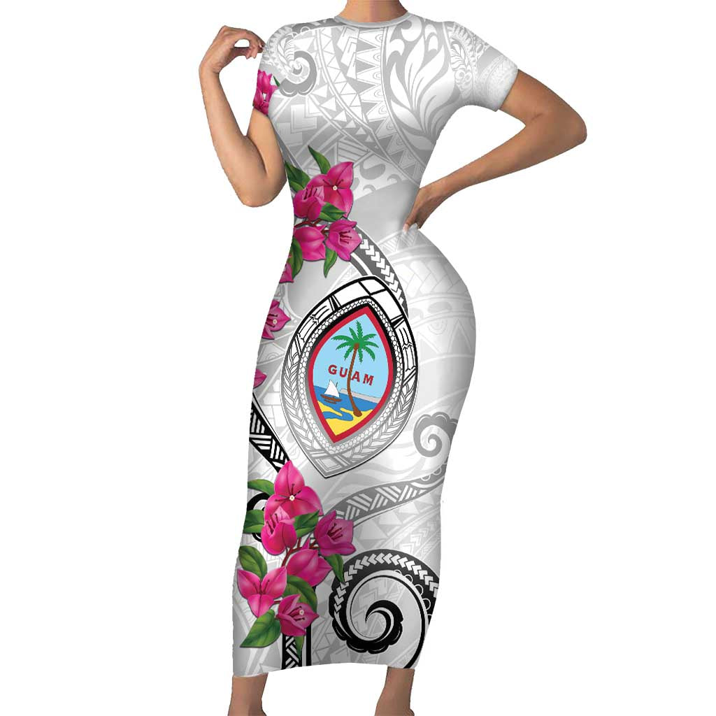 Guam Chamorro Family Matching Short Sleeve Bodycon Dress and Hawaiian Shirt Curves Polynesian Tattoo Mix Bougainvillea LT05 Mom's Dress White - Polynesian Pride