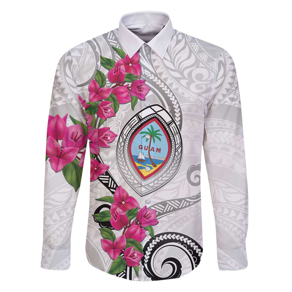 Guam Chamorro Family Matching Tank Maxi Dress and Hawaiian Shirt Curves Polynesian Tattoo Mix Bougainvillea LT05 Dad's Shirt - Long Sleeve White - Polynesian Pride