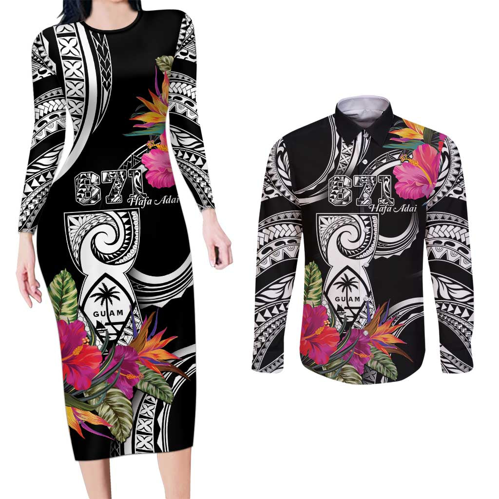 Hafa Adai Guam Couples Matching Long Sleeve Bodycon Dress and Long Sleeve Button Shirt Polynesian Tattoo Tropical Flowers