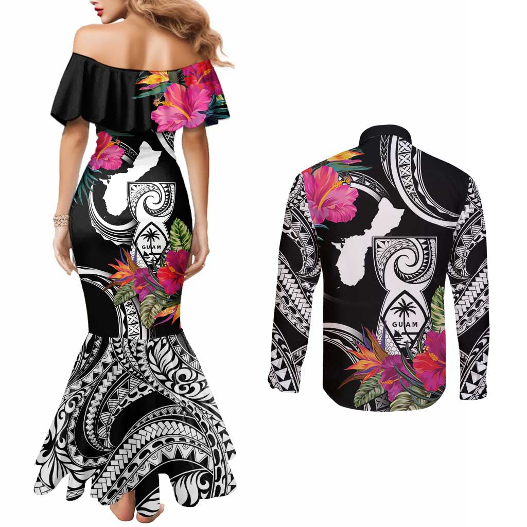Hafa Adai Guam Couples Matching Mermaid Dress and Long Sleeve Button Shirt Polynesian Tattoo Tropical Flowers