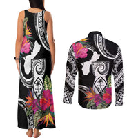 Hafa Adai Guam Couples Matching Tank Maxi Dress and Long Sleeve Button Shirt Polynesian Tattoo Tropical Flowers