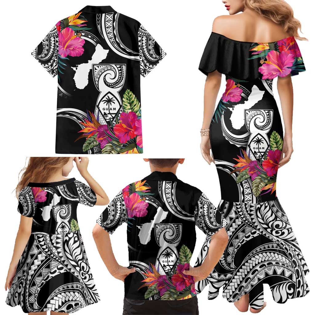 Hafa Adai Guam Family Matching Mermaid Dress and Hawaiian Shirt Polynesian Tattoo Tropical Flowers