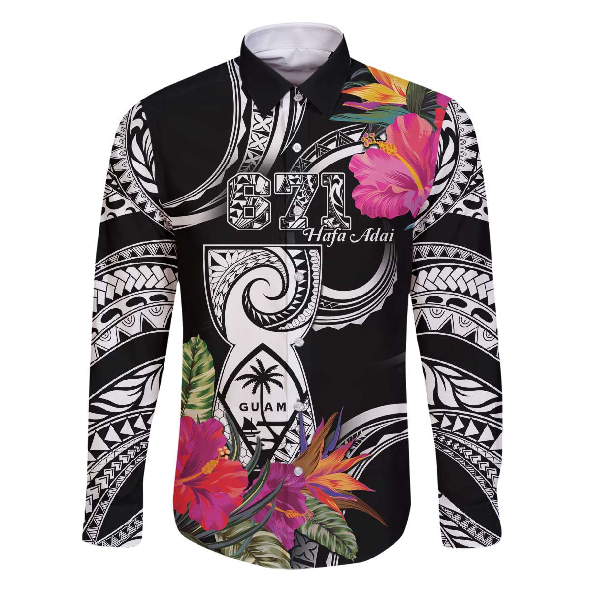 Hafa Adai Guam Family Matching Off The Shoulder Long Sleeve Dress and Hawaiian Shirt Polynesian Tattoo Tropical Flowers