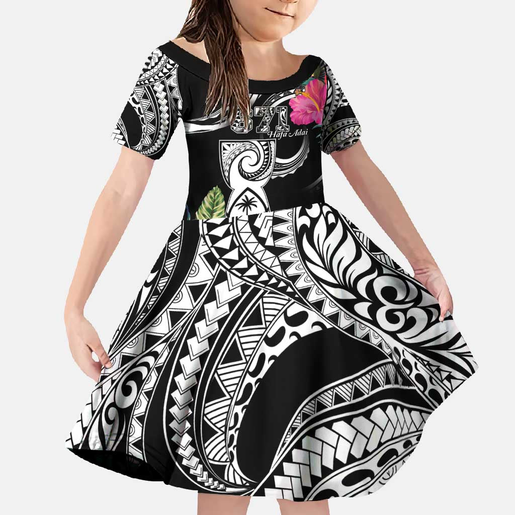 Hafa Adai Guam Family Matching Off Shoulder Maxi Dress and Hawaiian Shirt Polynesian Tattoo Tropical Flowers LT05 Daughter's Dress Black - Polynesian Pride