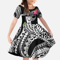 Hafa Adai Guam Family Matching Off Shoulder Maxi Dress and Hawaiian Shirt Polynesian Tattoo Tropical Flowers LT05 Daughter's Dress Black - Polynesian Pride