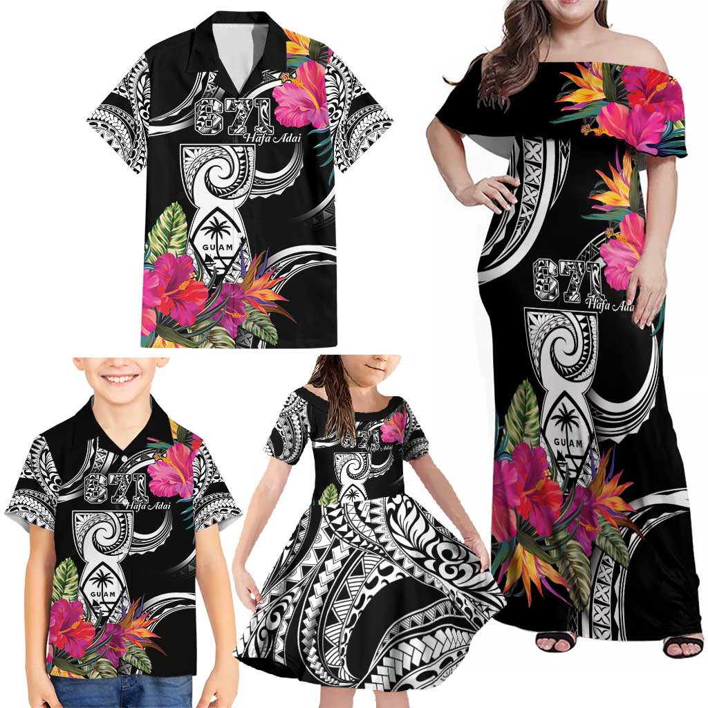 Hafa Adai Guam Family Matching Off Shoulder Maxi Dress and Hawaiian Shirt Polynesian Tattoo Tropical Flowers LT05 - Polynesian Pride