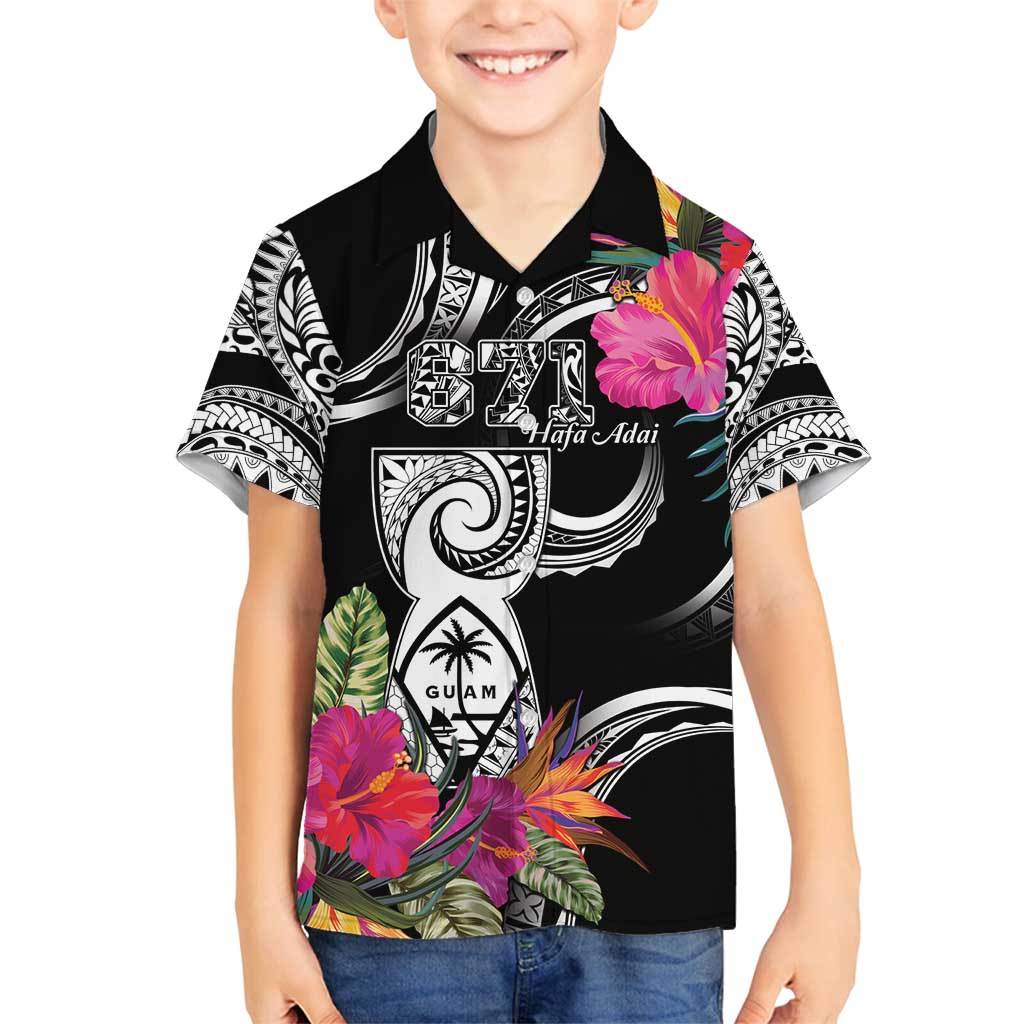 Hafa Adai Guam Family Matching Off Shoulder Maxi Dress and Hawaiian Shirt Polynesian Tattoo Tropical Flowers LT05 Son's Shirt Black - Polynesian Pride