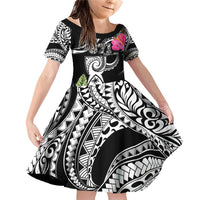 Hafa Adai Guam Family Matching Off Shoulder Short Dress and Hawaiian Shirt Polynesian Tattoo Tropical Flowers LT05 Daughter's Dress Black - Polynesian Pride