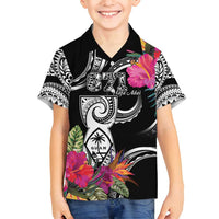 Hafa Adai Guam Family Matching Off Shoulder Short Dress and Hawaiian Shirt Polynesian Tattoo Tropical Flowers LT05 Son's Shirt Black - Polynesian Pride