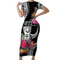 Hafa Adai Guam Family Matching Short Sleeve Bodycon Dress and Hawaiian Shirt Polynesian Tattoo Tropical Flowers LT05 Mom's Dress Black - Polynesian Pride