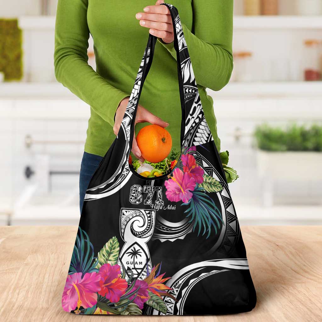 Hafa Adai Guam Grocery Bag Polynesian Tattoo Tropical Flowers