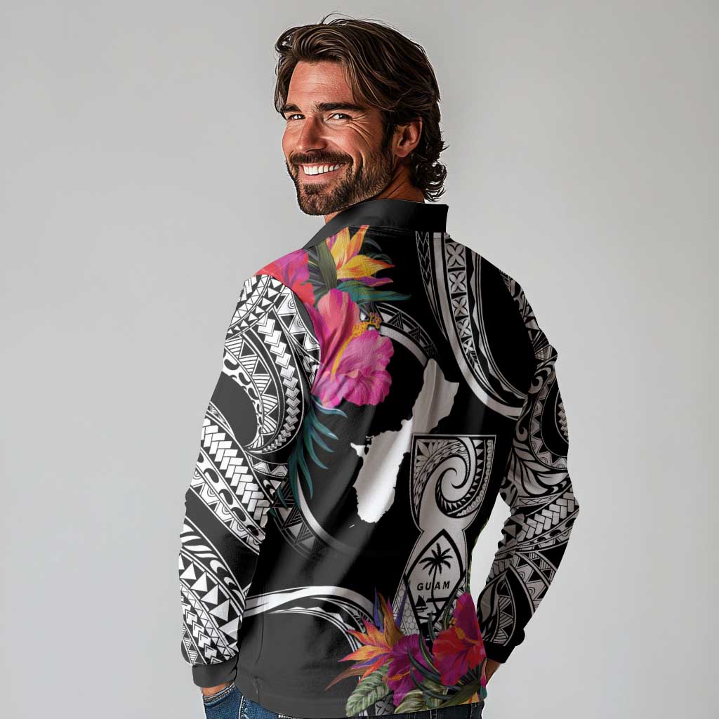 Hafa Adai Guam Long Sleeve Polo Shirt Polynesian Tattoo Tropical Flowers