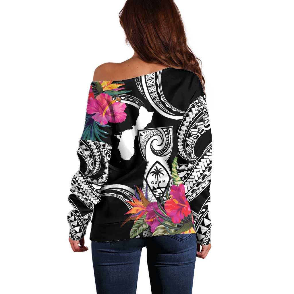 Hafa Adai Guam Off Shoulder Sweater Polynesian Tattoo Tropical Flowers