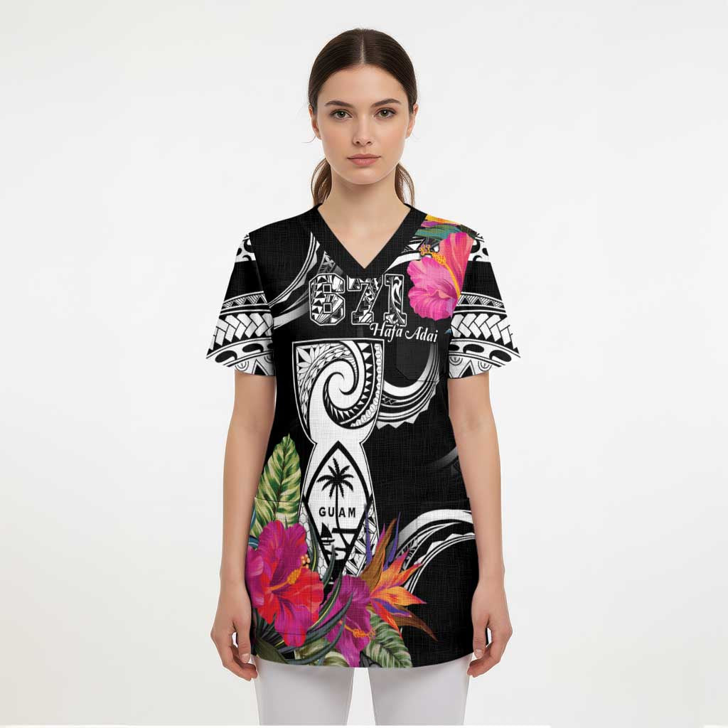 Hafa Adai Guam Scrub Top Polynesian Tattoo Tropical Flowers - Polynesian Pride