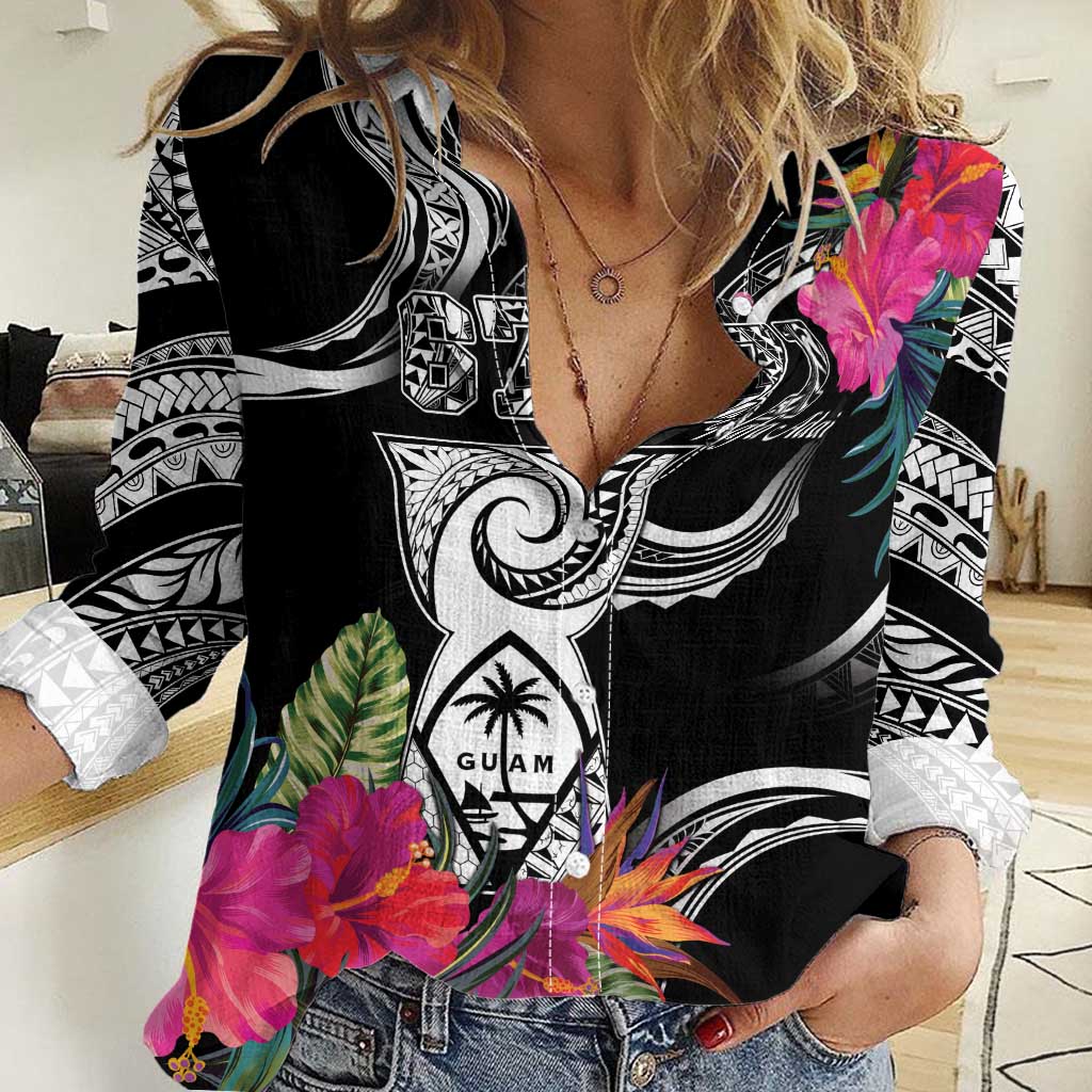 Hafa Adai Guam Women Casual Shirt Polynesian Tattoo Tropical Flowers