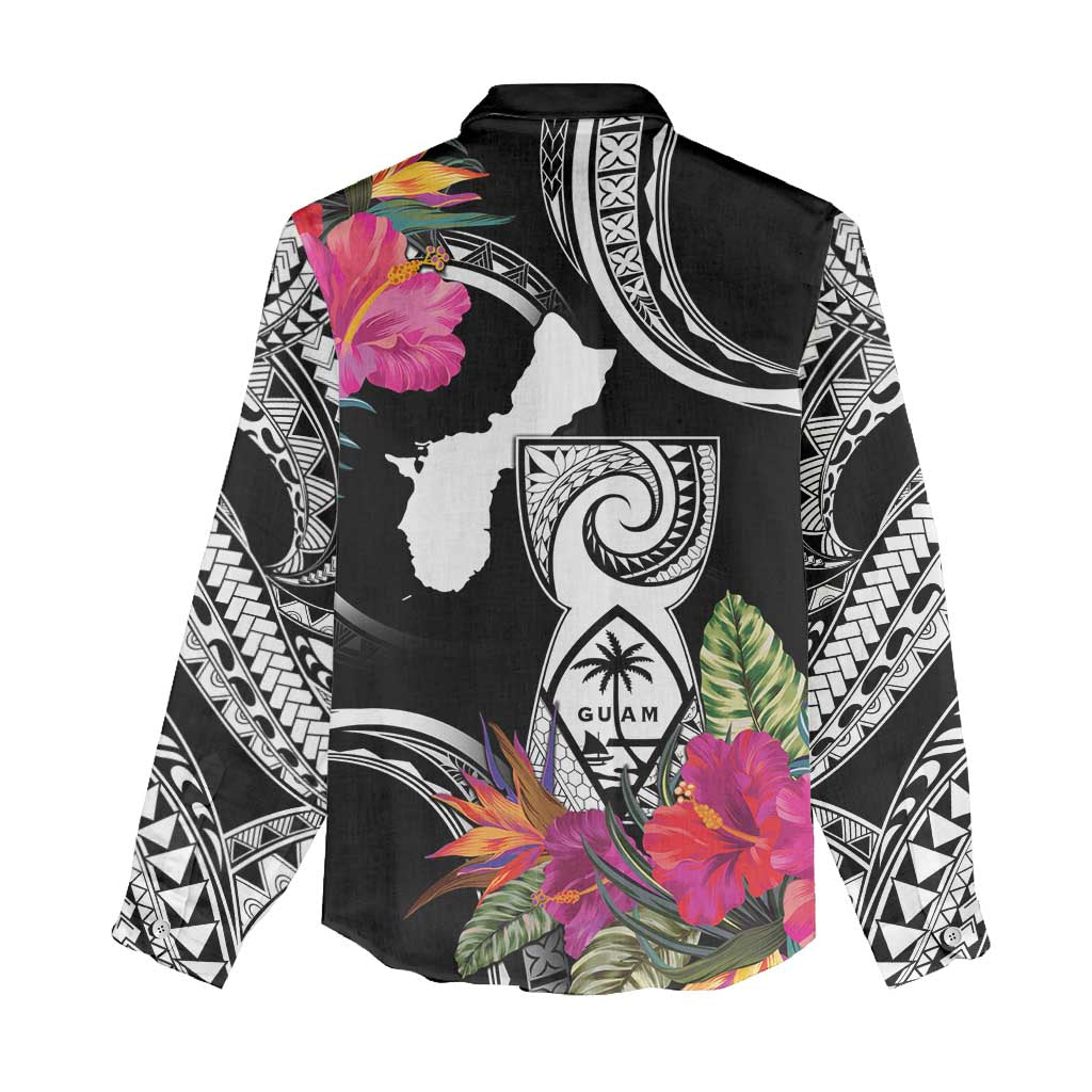 Hafa Adai Guam Women Casual Shirt Polynesian Tattoo Tropical Flowers