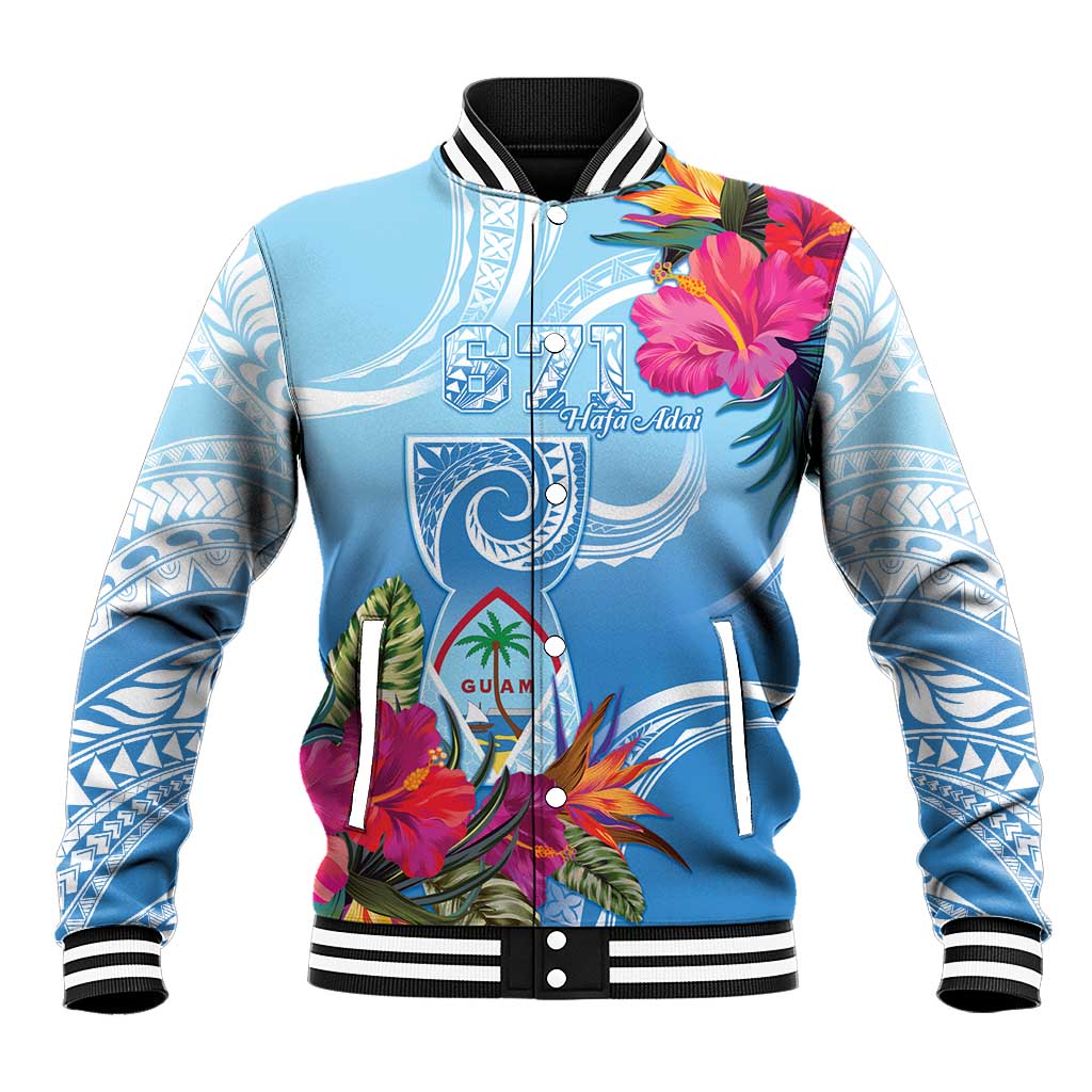 Hafa Adai Guam Baseball Jacket Tropical Flowers Blue Gradient