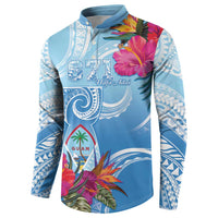 Hafa Adai Guam Button Sweatshirt Tropical Flowers Blue Gradient