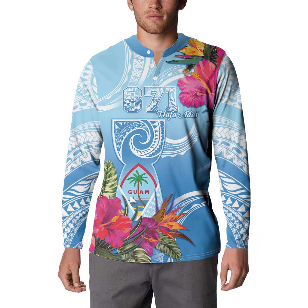 Hafa Adai Guam Button Sweatshirt Tropical Flowers Blue Gradient