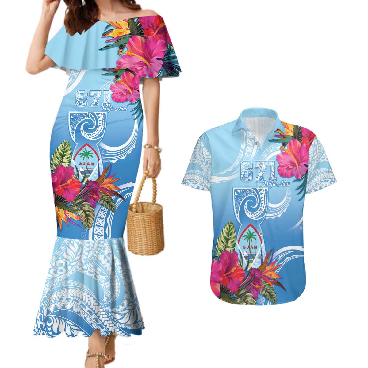 Hafa Adai Guam Couples Matching Mermaid Dress and Hawaiian Shirt Tropical Flowers Blue Gradient