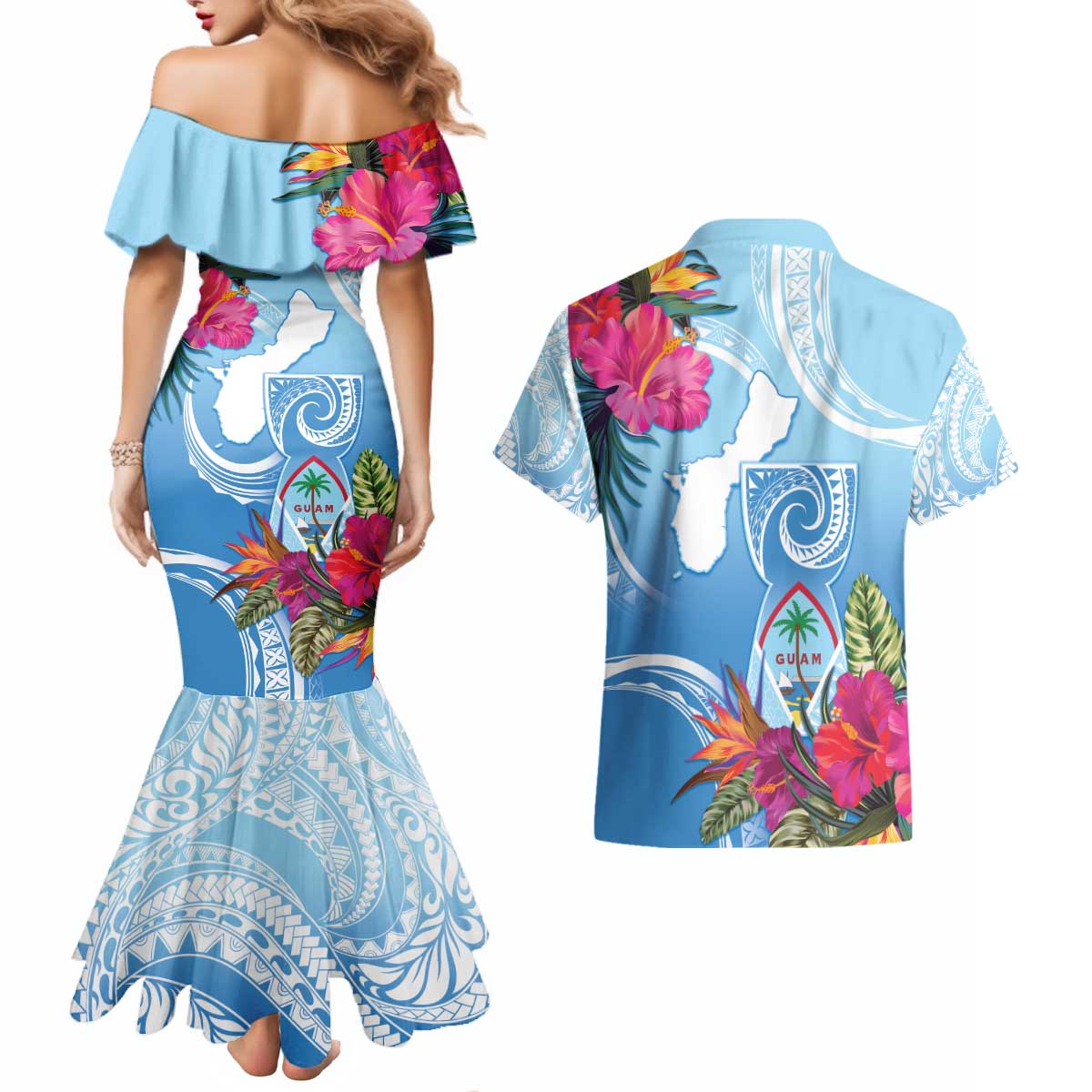 Hafa Adai Guam Couples Matching Mermaid Dress and Hawaiian Shirt Tropical Flowers Blue Gradient