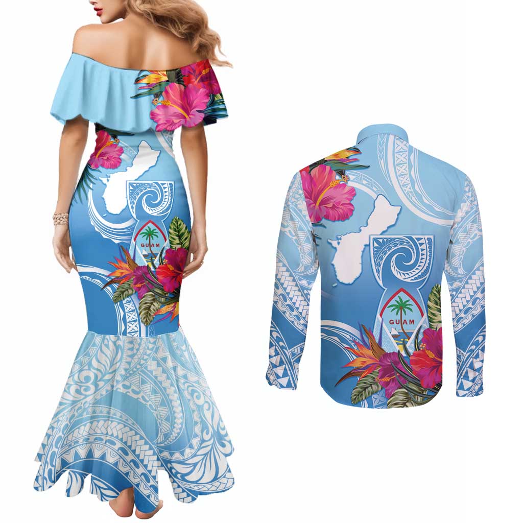 Hafa Adai Guam Couples Matching Mermaid Dress and Long Sleeve Button Shirt Tropical Flowers Blue Gradient