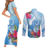 Hafa Adai Guam Couples Matching Short Sleeve Bodycon Dress and Long Sleeve Button Shirt Tropical Flowers Blue Gradient
