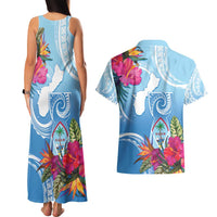 Hafa Adai Guam Couples Matching Tank Maxi Dress and Hawaiian Shirt Tropical Flowers Blue Gradient