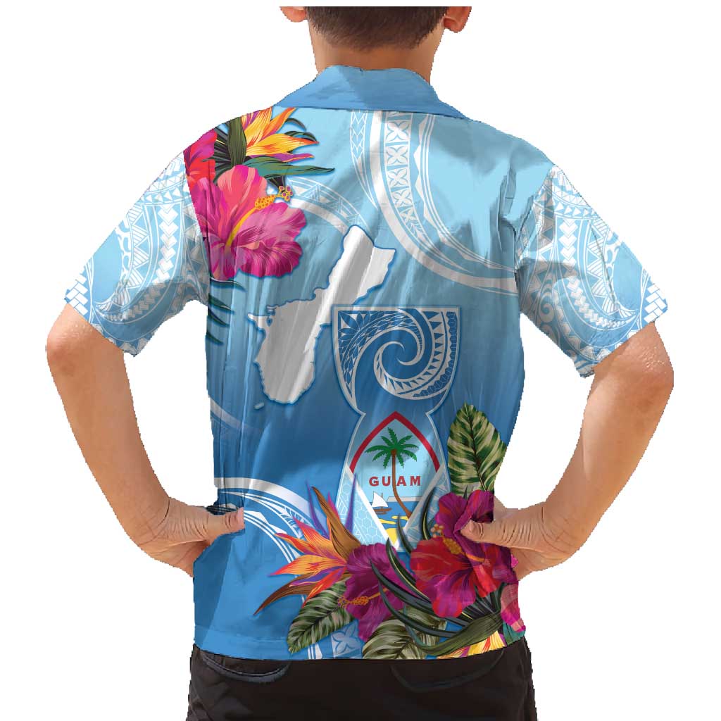 Hafa Adai Guam Family Matching Mermaid Dress and Hawaiian Shirt Tropical Flowers Blue Gradient