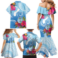 Hafa Adai Guam Family Matching Mermaid Dress and Hawaiian Shirt Tropical Flowers Blue Gradient