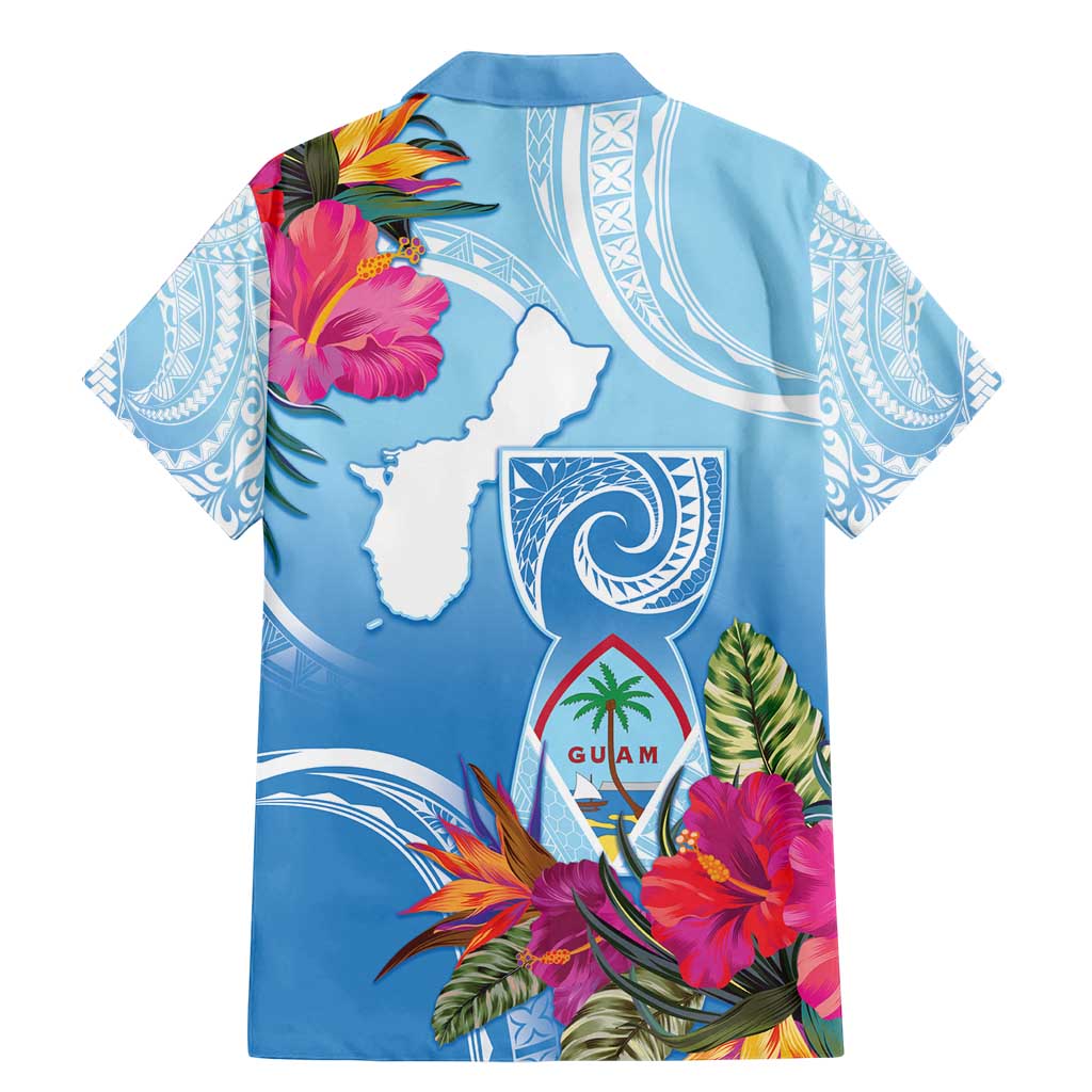 Hafa Adai Guam Family Matching Mermaid Dress and Hawaiian Shirt Tropical Flowers Blue Gradient