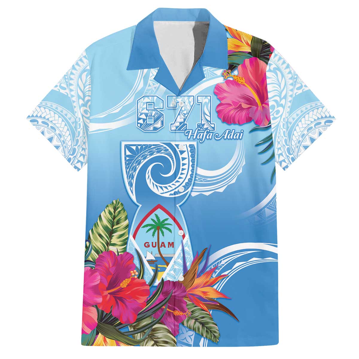 Hafa Adai Guam Family Matching Off The Shoulder Long Sleeve Dress and Hawaiian Shirt Tropical Flowers Blue Gradient