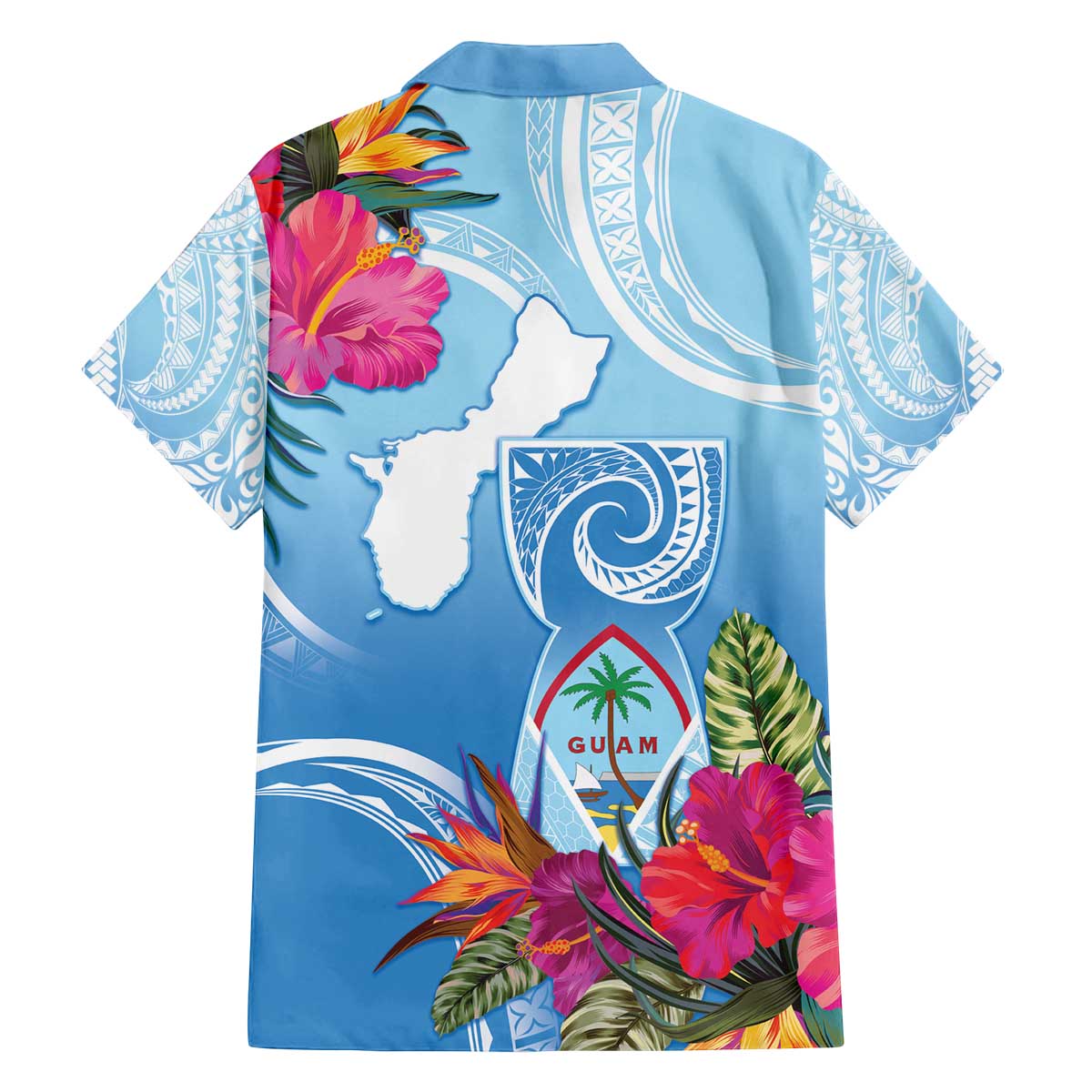 Hafa Adai Guam Family Matching Off The Shoulder Long Sleeve Dress and Hawaiian Shirt Tropical Flowers Blue Gradient