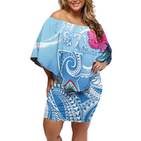 Hafa Adai Guam Family Matching Off Shoulder Short Dress and Hawaiian Shirt Tropical Flowers Blue Gradient