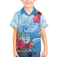 Hafa Adai Guam Family Matching Short Sleeve Bodycon Dress and Hawaiian Shirt Tropical Flowers Blue Gradient