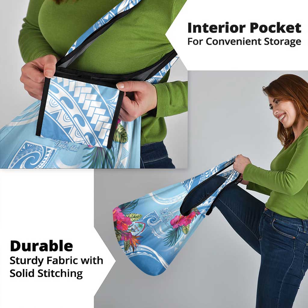 Hafa Adai Guam Grocery Bag Tropical Flowers Blue Gradient