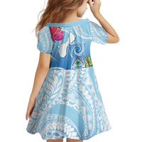 Hafa Adai Guam Kid Short Sleeve Dress Tropical Flowers Blue Gradient