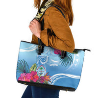 Hafa Adai Guam Leather Tote Bag Tropical Flowers Blue Gradient